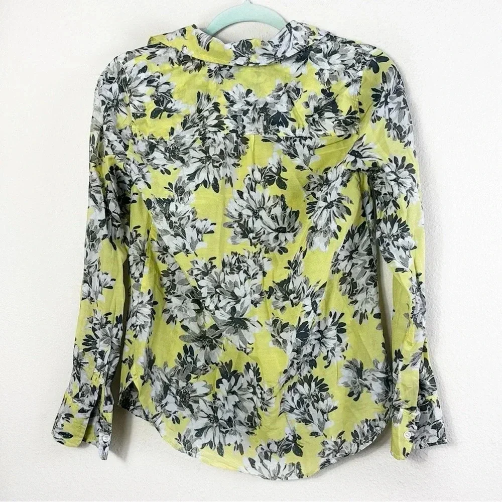 J. Crew Silk Cotton Blend Button Down Floral Shirt long sleeve yellow grey SZ 0